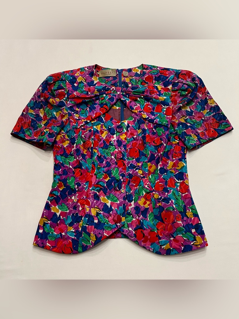 Vintage Papell Peplum Floral Top Sz 4 Statement Bow Maximalist Puff Shoulder